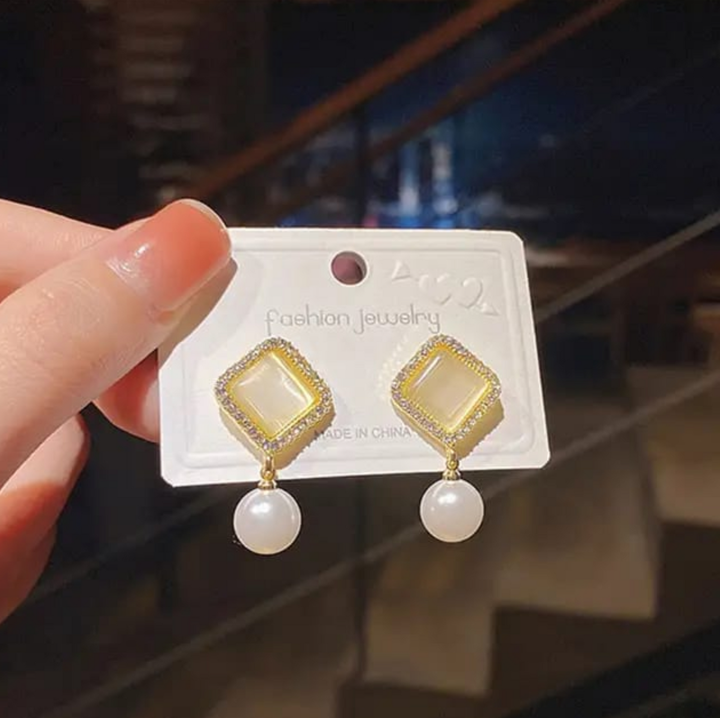 Golden Square Pearl Drop Earrings