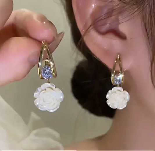 White Rose Drop Earrings