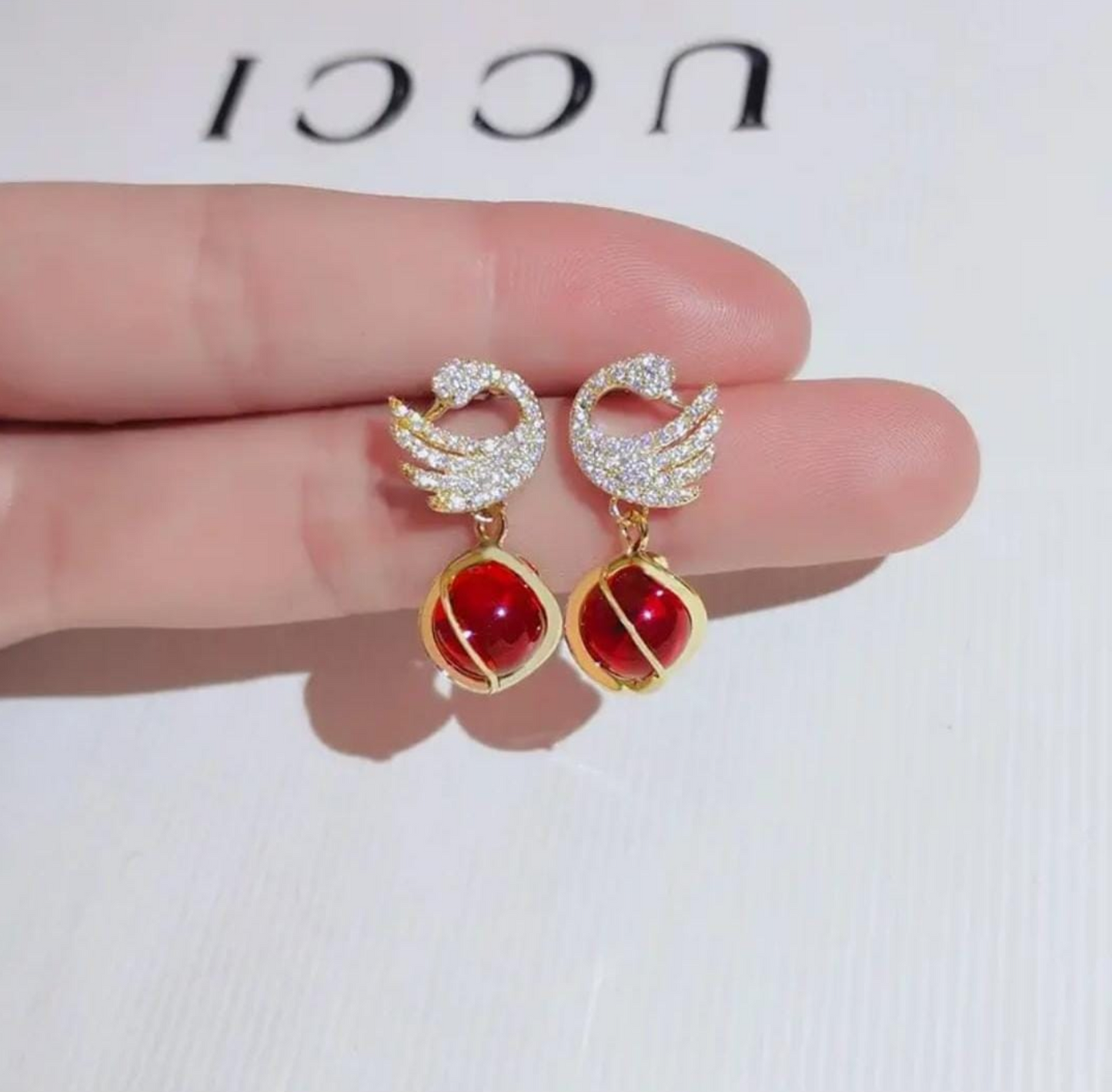 Swan Red Crystal Drop Earrings